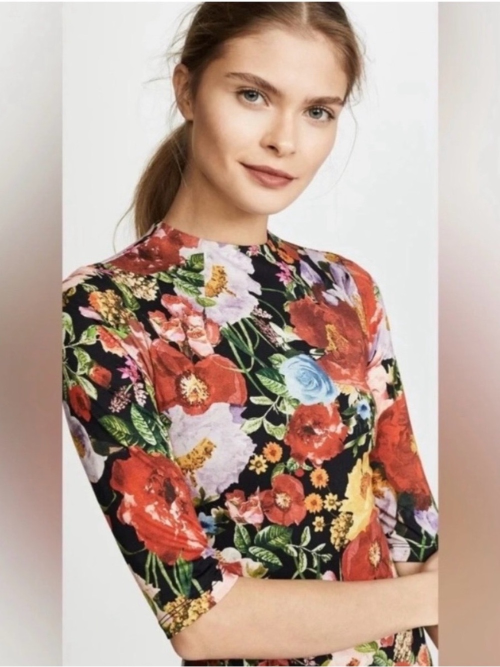 Alice and Olivia Delora Blooming Garden Floral Mock Neck Midi Dress Red - Picture 6 of 7